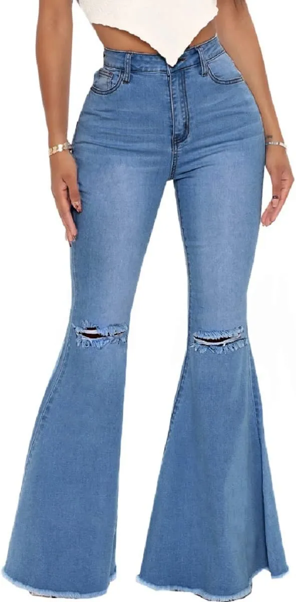 Bell Bottom Jeans for Women High Waisted Skinny Ripped Destroyed Flare Classic Denim Pants Fashion