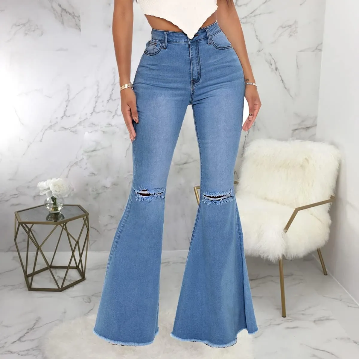 Bell Bottom Jeans for Women High Waisted Skinny Ripped Destroyed Flare Classic Denim Pants Fashion