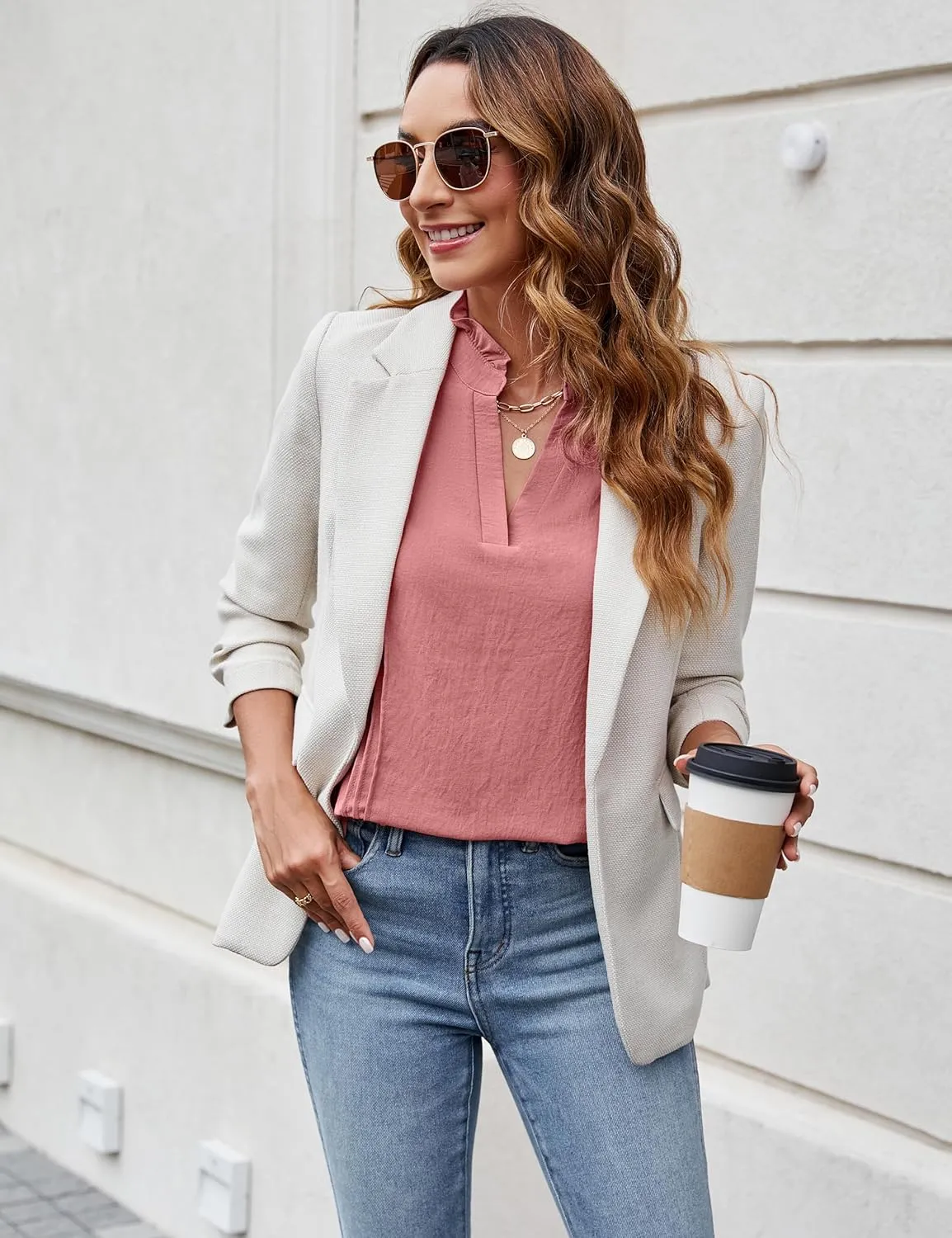 Blooming Jelly Womens Dressy Casual Tops Ruffle Short Sleeve V Neck Shirts Elegant Business Work Blouse
