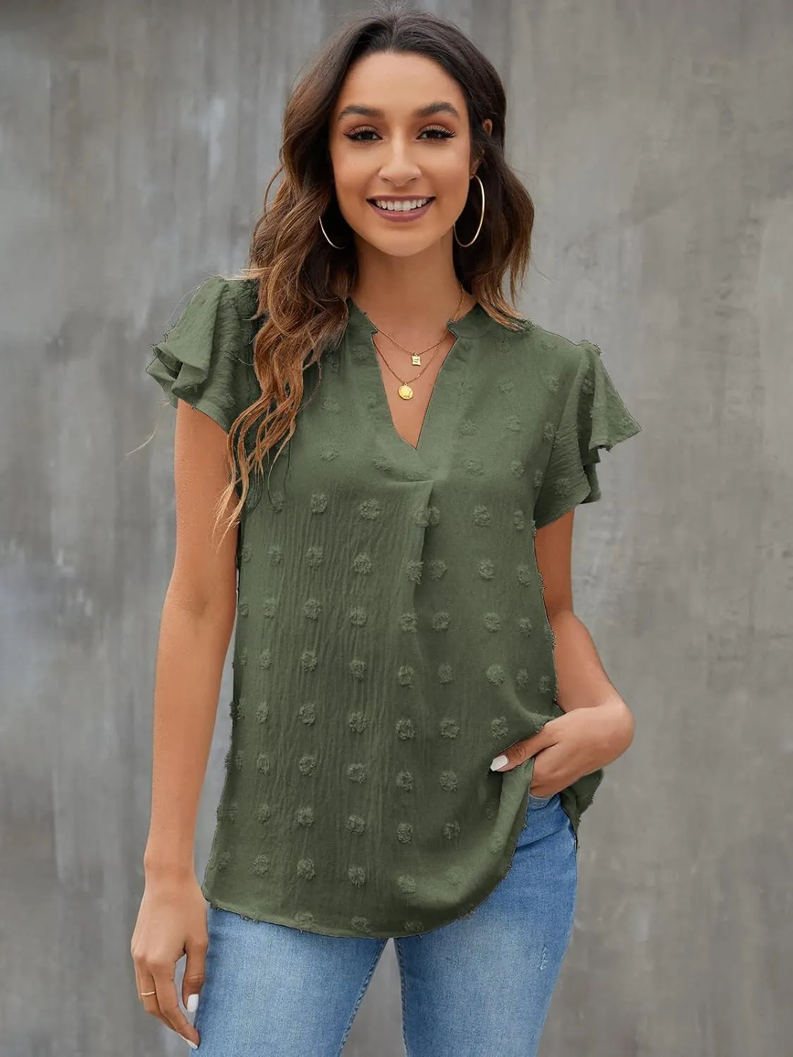 Blooming Jelly Womens White Blouse V Neck Ruffle Sleeve Flowy Shirts Dressy Casual Cute Summer Tops