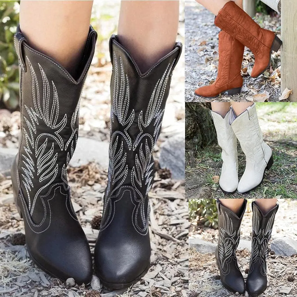 Boots for Women Cowgirl Boots Wide Calf Round Toe Vintage Embroidered Pull On Cowgirl Booties Shoes