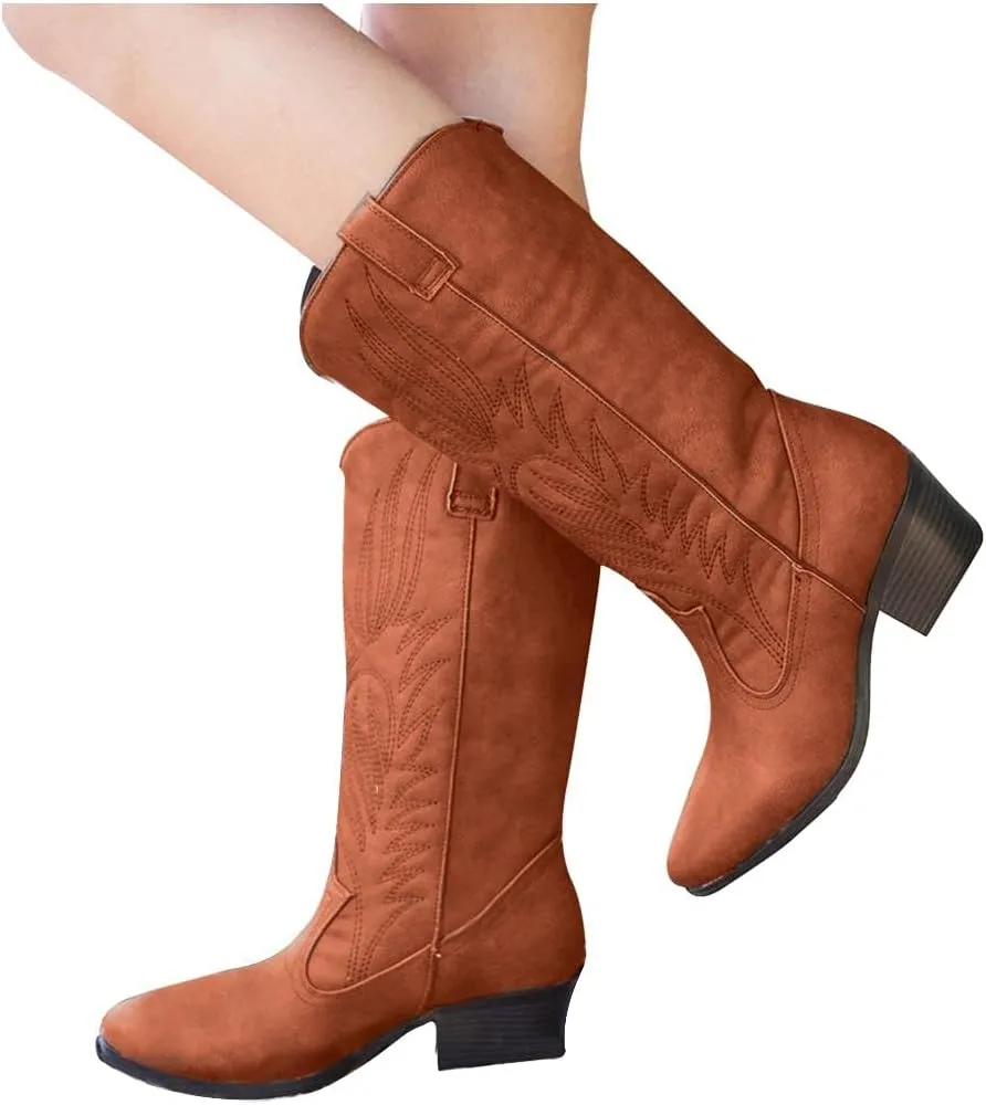 Boots for Women Cowgirl Boots Wide Calf Round Toe Vintage Embroidered Pull On Cowgirl Booties Shoes