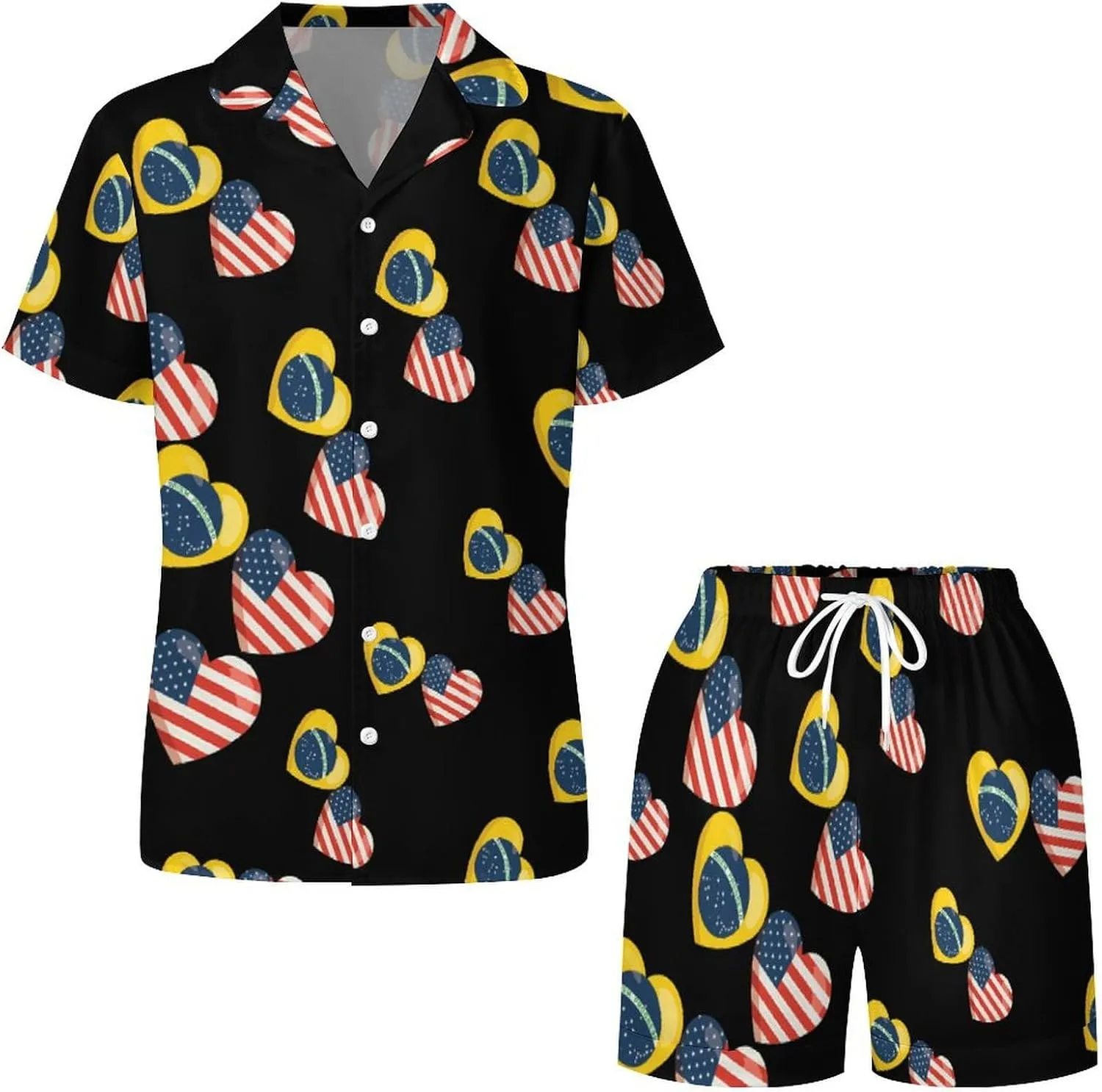 Brazilian Flag And American Flag Women's Satin Pajama Set Short Sleeve Button Down Sleepwear Loungewear Pj Set