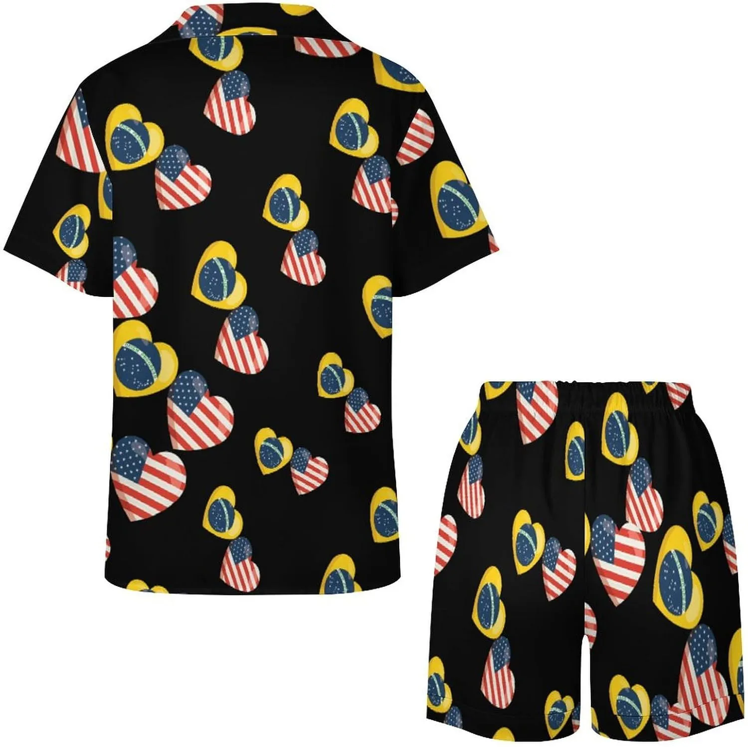 Brazilian Flag And American Flag Women's Satin Pajama Set Short Sleeve Button Down Sleepwear Loungewear Pj Set