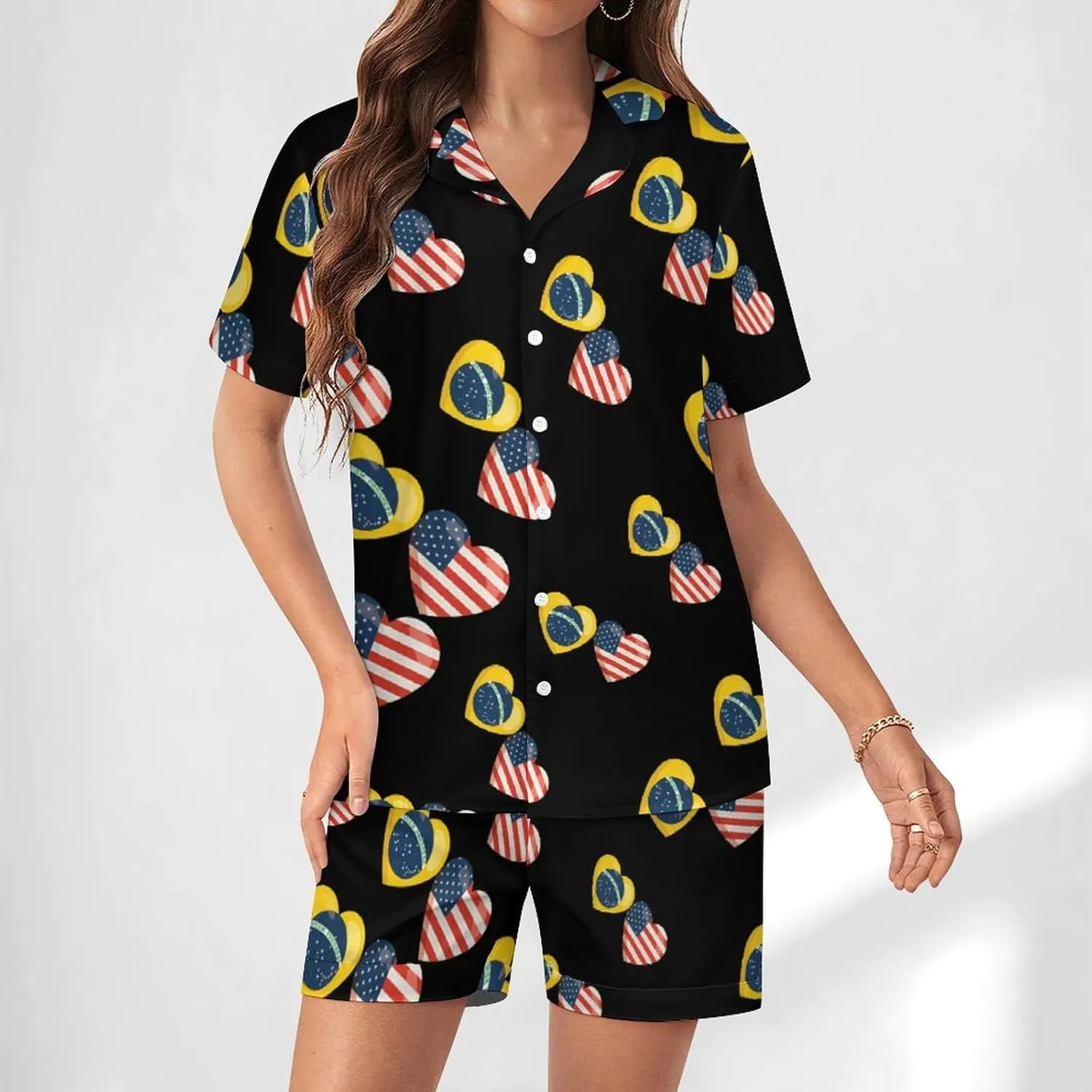 Brazilian Flag And American Flag Women's Satin Pajama Set Short Sleeve Button Down Sleepwear Loungewear Pj Set
