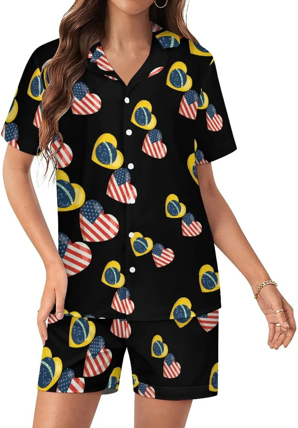 Brazilian Flag And American Flag Women's Satin Pajama Set Short Sleeve Button Down Sleepwear Loungewear Pj Set