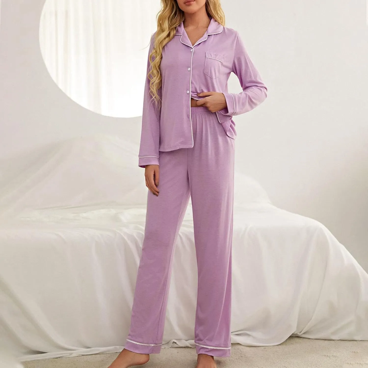 Button Up Pajamas for Women 2 Piece Lounge Sets Lapel Long Sleeve Shirts Long Pants Soft Comfy Sleepwear
