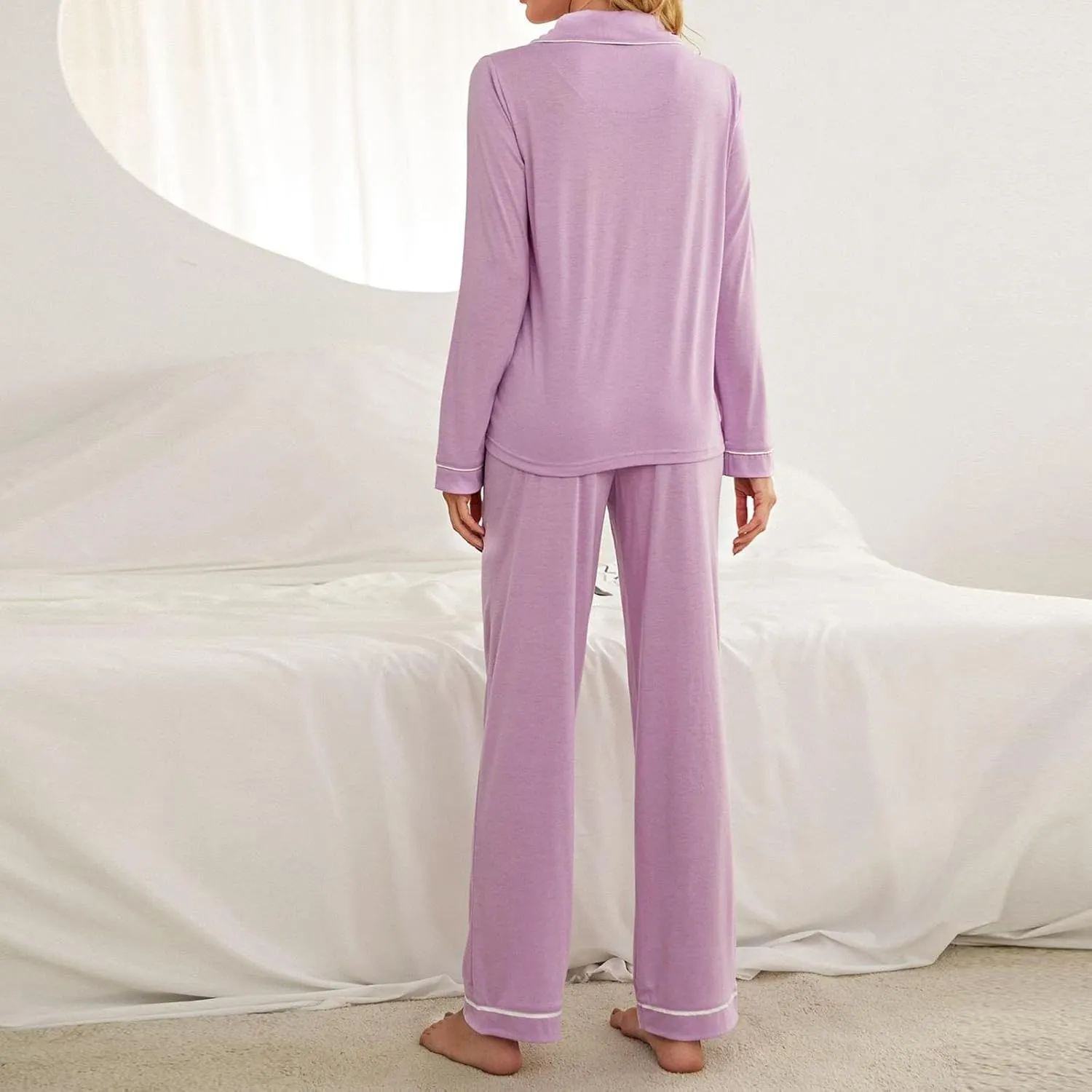 Button Up Pajamas for Women 2 Piece Lounge Sets Lapel Long Sleeve Shirts Long Pants Soft Comfy Sleepwear