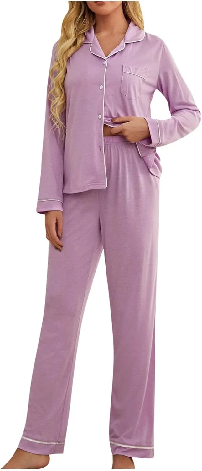 Button Up Pajamas for Women 2 Piece Lounge Sets Lapel Long Sleeve Shirts Long Pants Soft Comfy Sleepwear