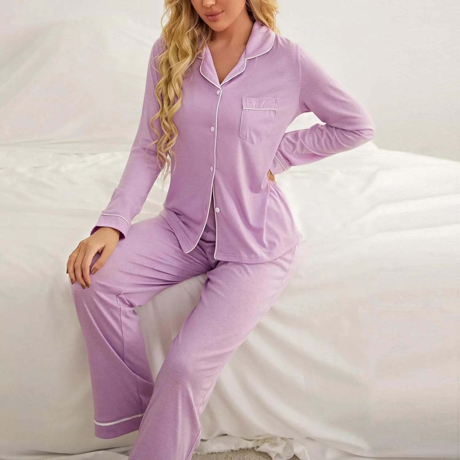 Button Up Pajamas for Women 2 Piece Lounge Sets Lapel Long Sleeve Shirts Long Pants Soft Comfy Sleepwear