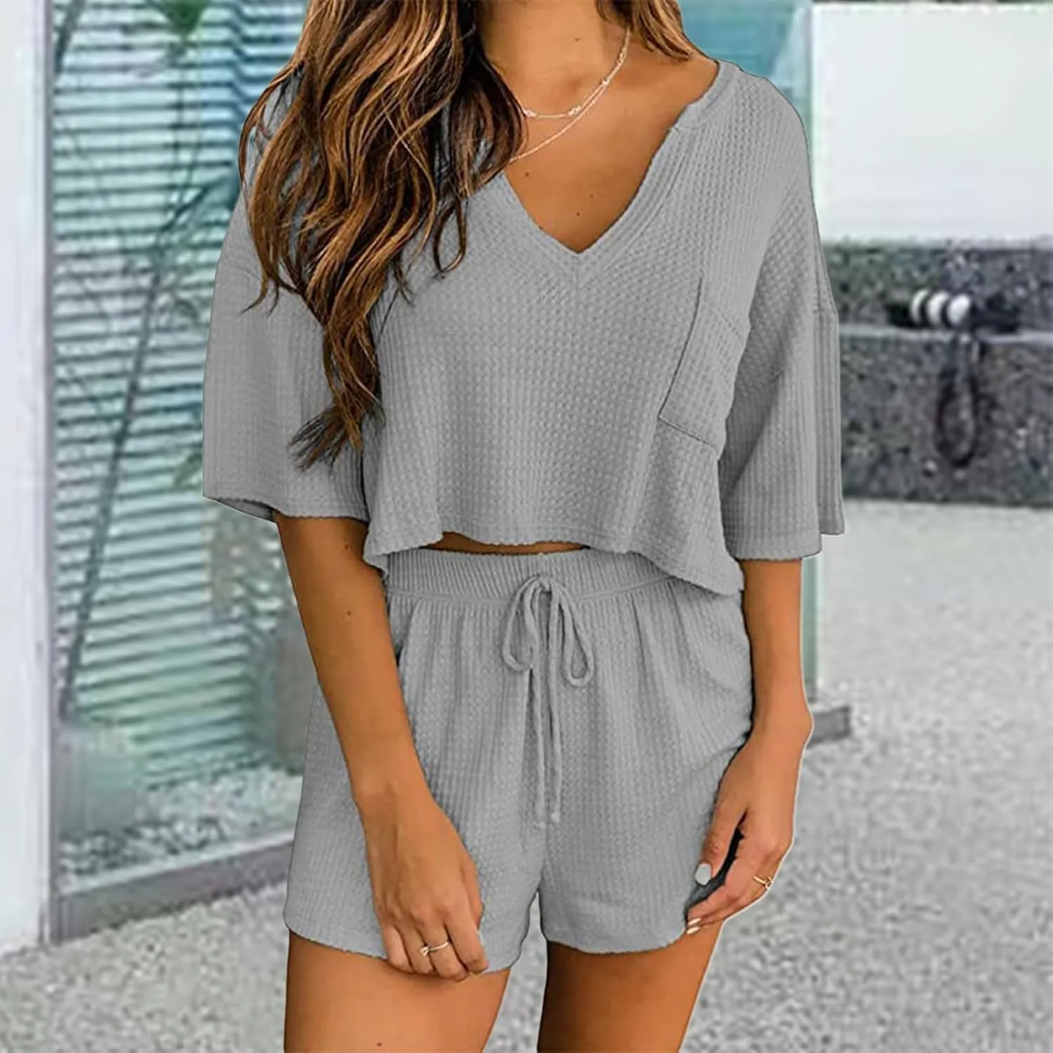 Canbebig Waffle Knit Lounge Set Women V Neck Short Sleeve Crop Tops and Drawstring Shorts Sets Casual Loungewear Sweat Sets