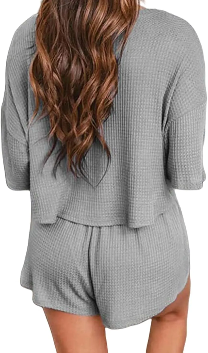 Canbebig Waffle Knit Lounge Set Women V Neck Short Sleeve Crop Tops and Drawstring Shorts Sets Casual Loungewear Sweat Sets