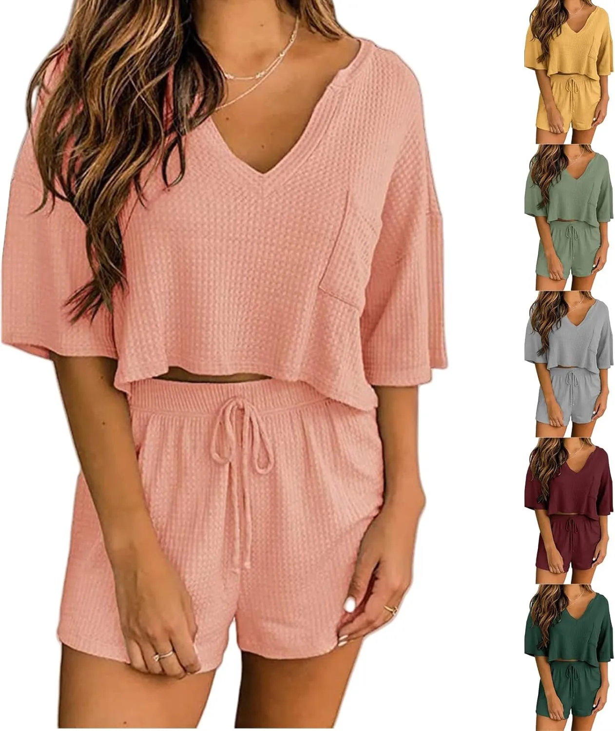 Canbebig Waffle Knit Lounge Set Women V Neck Short Sleeve Crop Tops and Drawstring Shorts Sets Casual Loungewear Sweat Sets