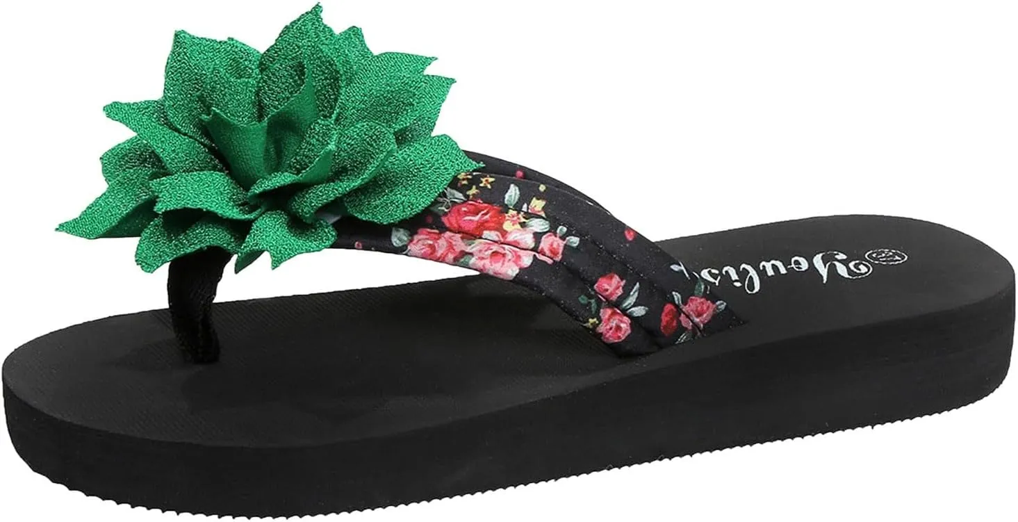 Casual Dress Women's Sandals 2025 Women's Thick Soled Flip Flops Fashionable Flower Decorated Outer Wear Beach Casual