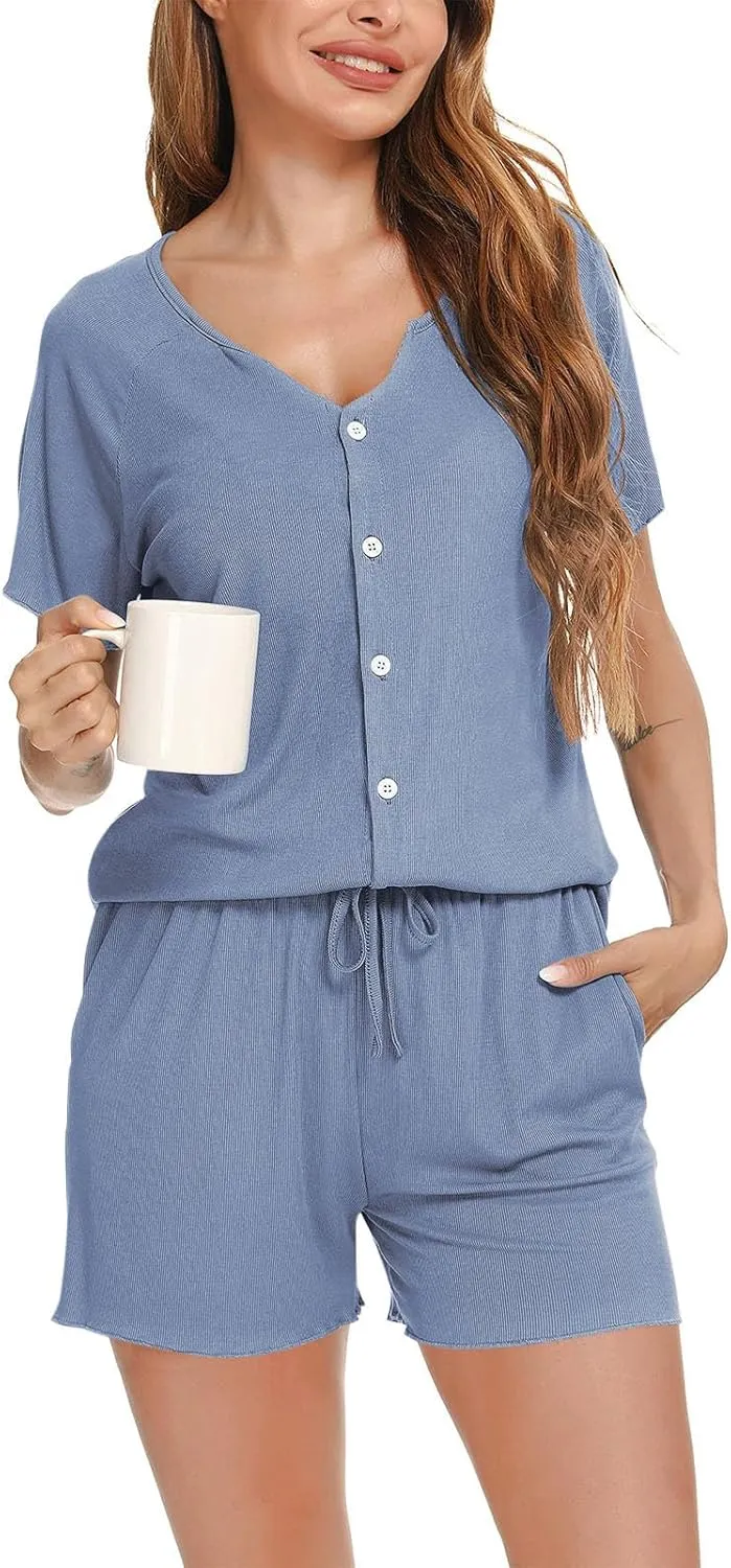 Casual Pajamas Set for Women Button Down V Neck Short Sleeve Shirt Tops Shorts 2 Piece Sets Soft Comfy Lounge Sets