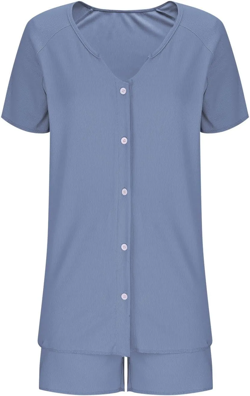 Casual Pajamas Set for Women Button Down V Neck Short Sleeve Shirt Tops Shorts 2 Piece Sets Soft Comfy Lounge Sets