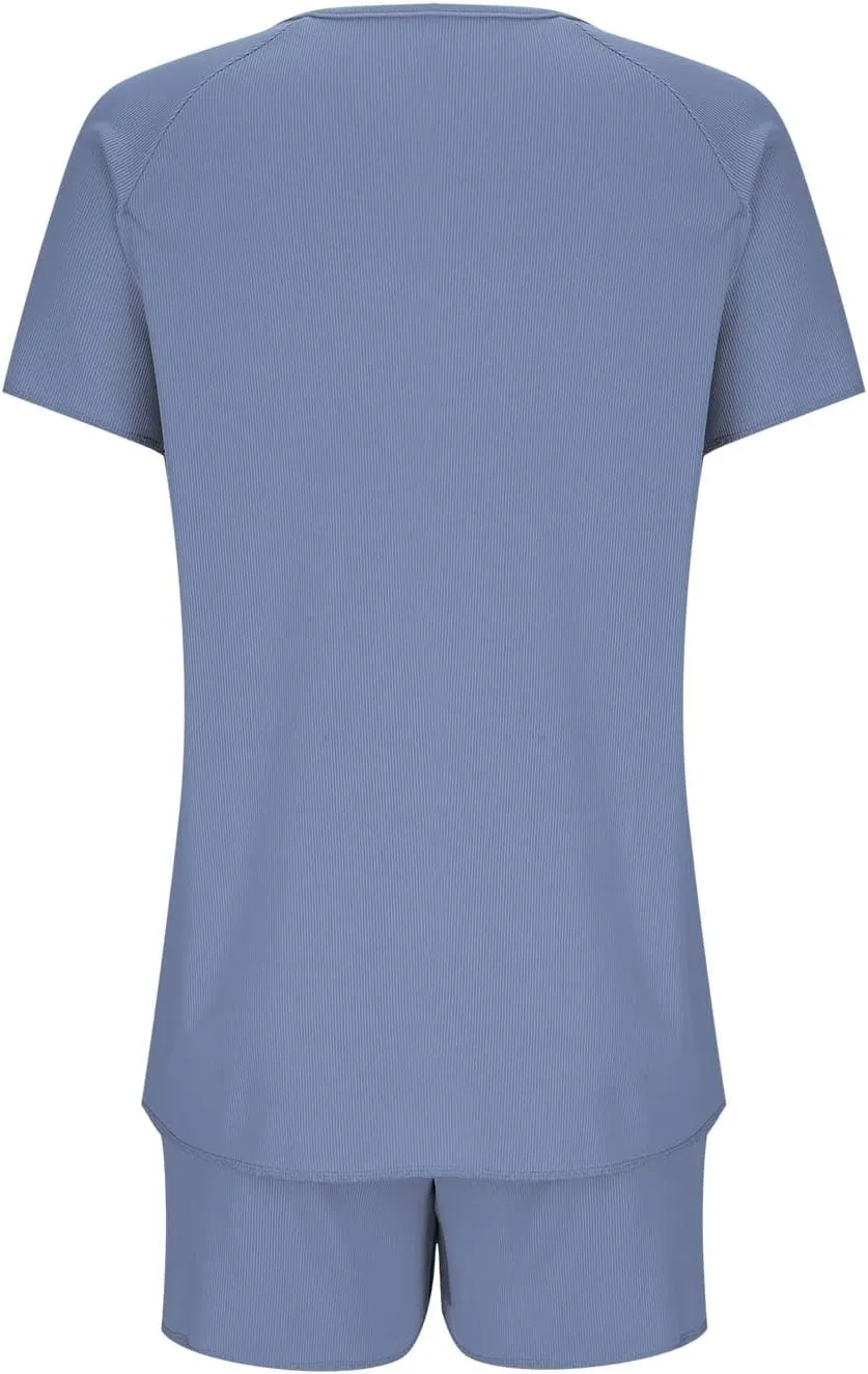 Casual Pajamas Set for Women Button Down V Neck Short Sleeve Shirt Tops Shorts 2 Piece Sets Soft Comfy Lounge Sets
