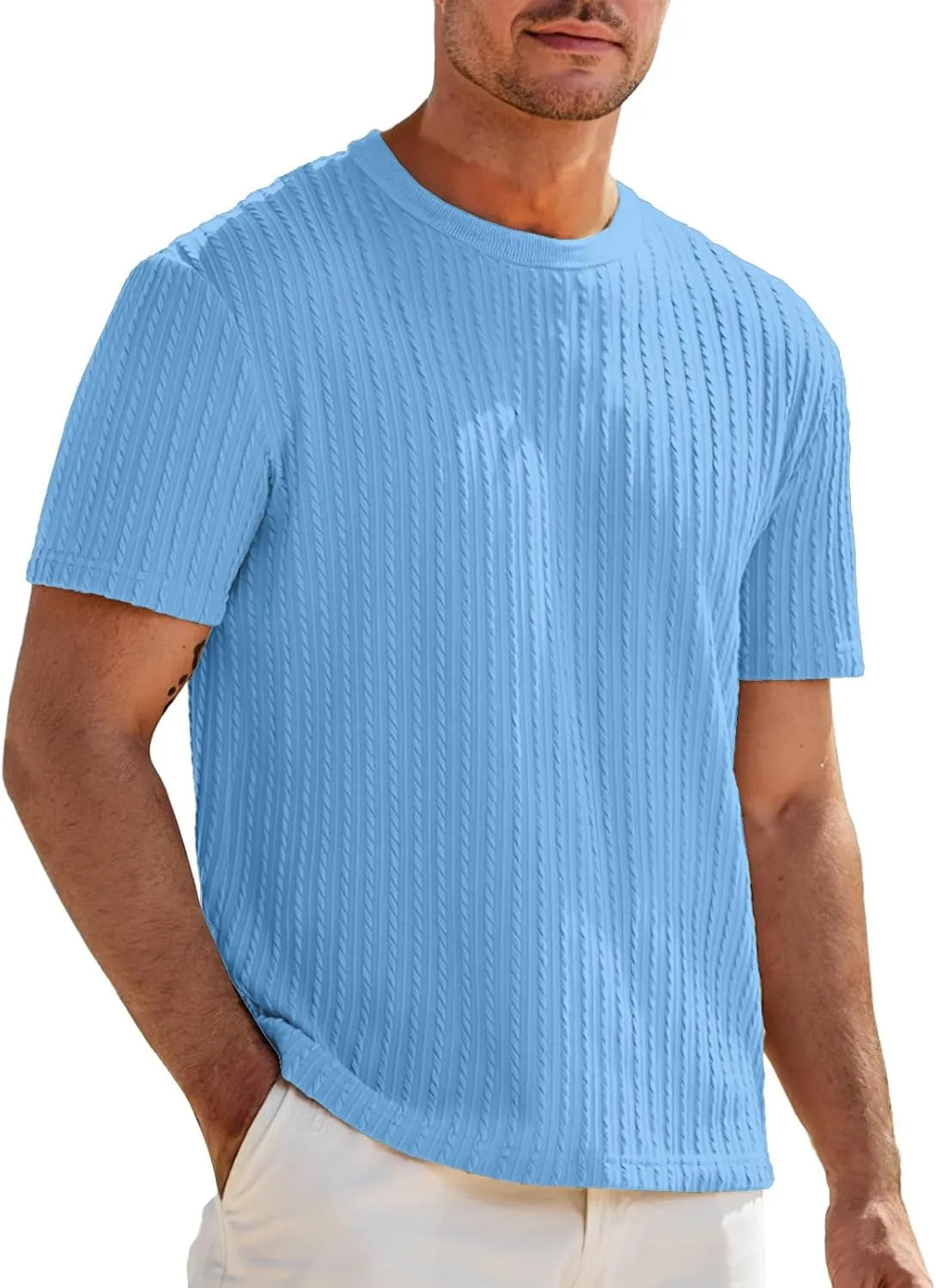 Casual Pullover T-Shirts for Men Knitted Jacquard Textured Shirt Round Neck Short Sleeve Tops Summer Cooling Fit Tees