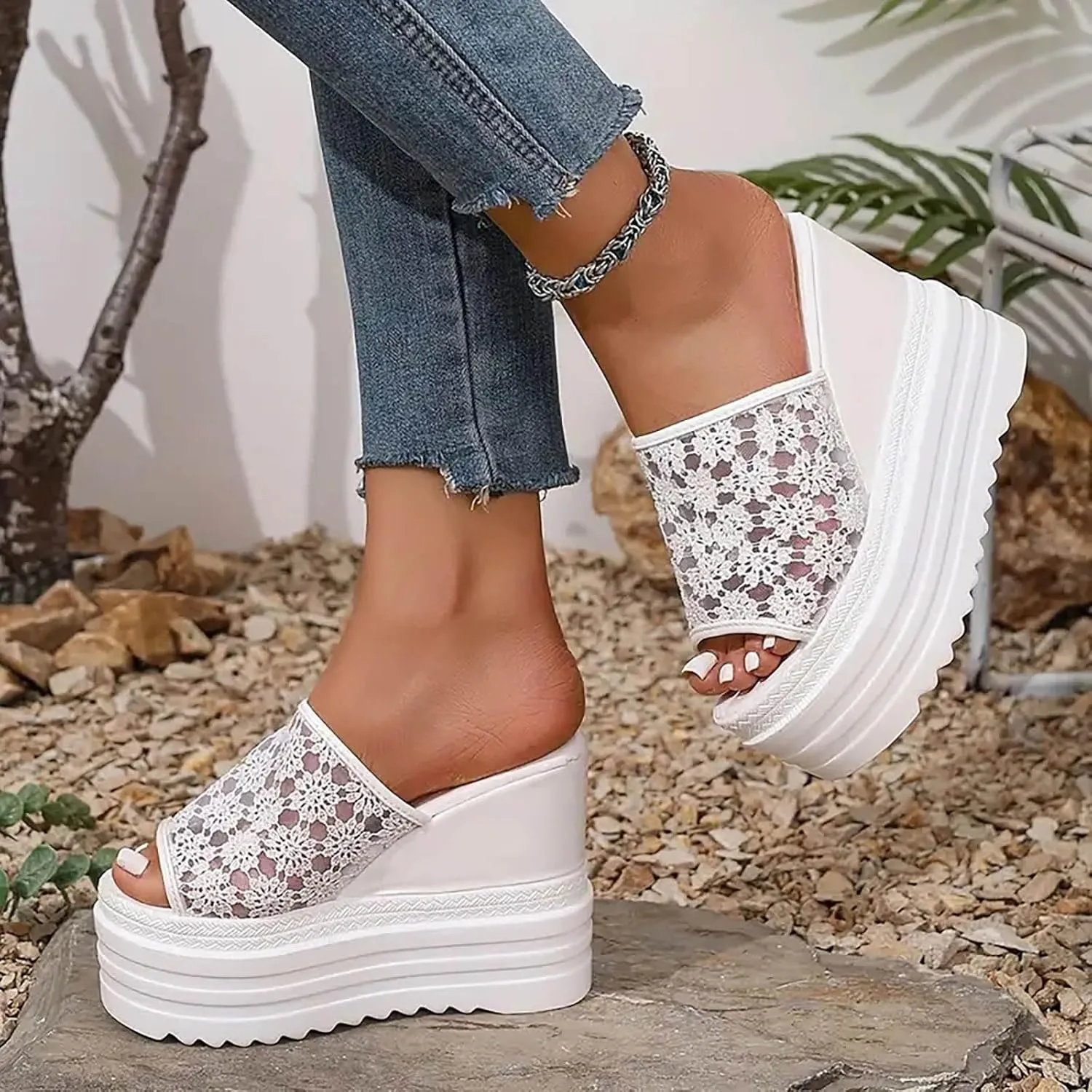 Casual Slip on Summer Shoes Mesh Lace Pattern Breathable Wedge Thick Platform Women Sandals Slip On Versatile Casual