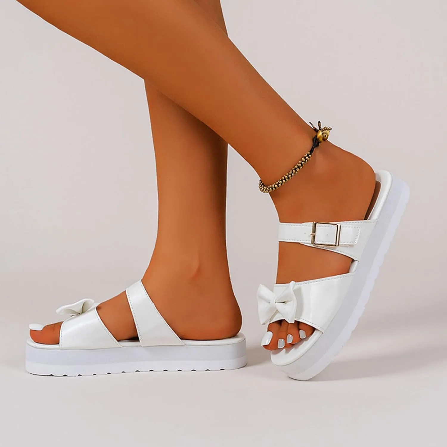 Casual Walking Wedges Thick Soled Open Toe Sandals Beach Shoes One Line Solid Color Versatile Bowknot Women's Casual