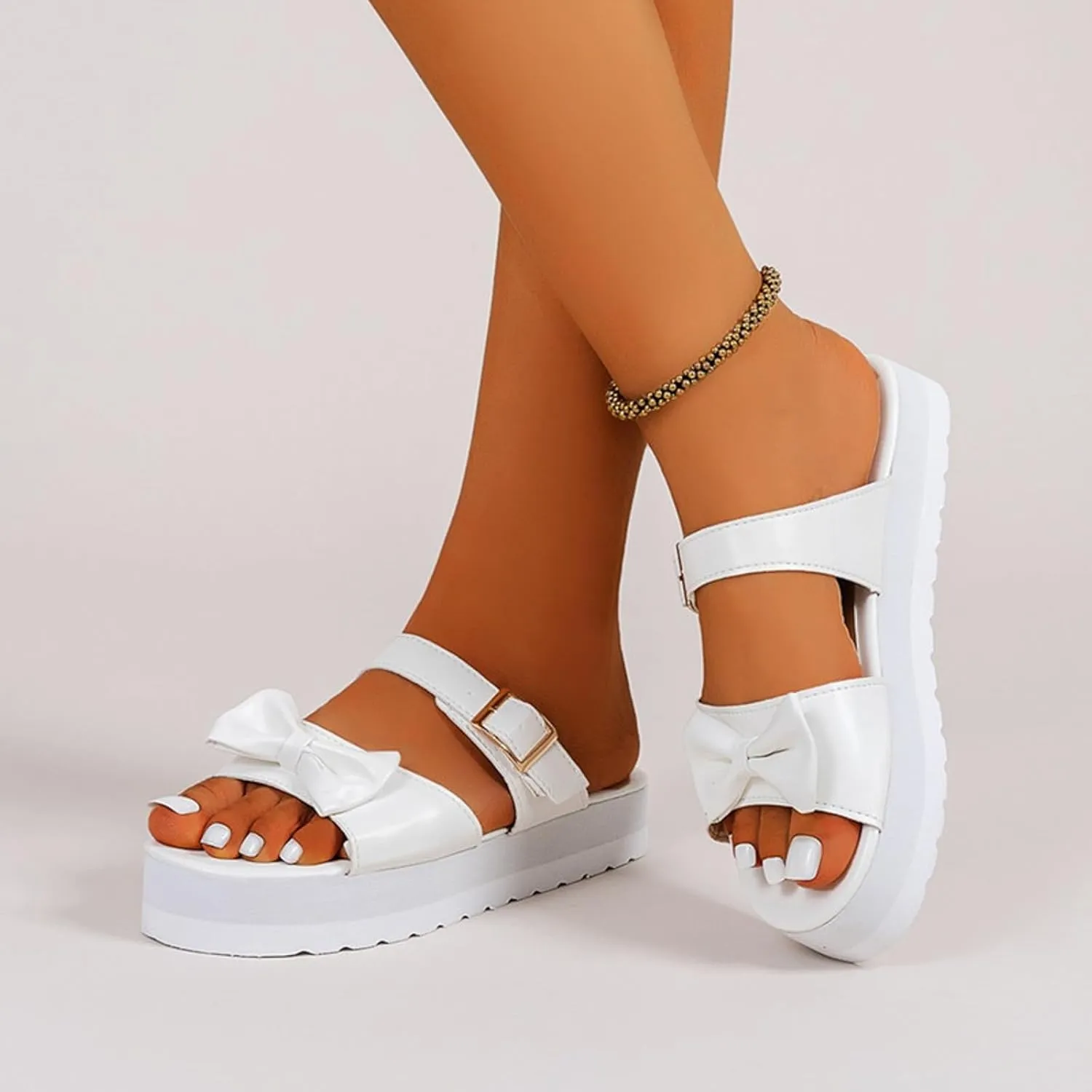 Casual Walking Wedges Thick Soled Open Toe Sandals Beach Shoes One Line Solid Color Versatile Bowknot Women's Casual