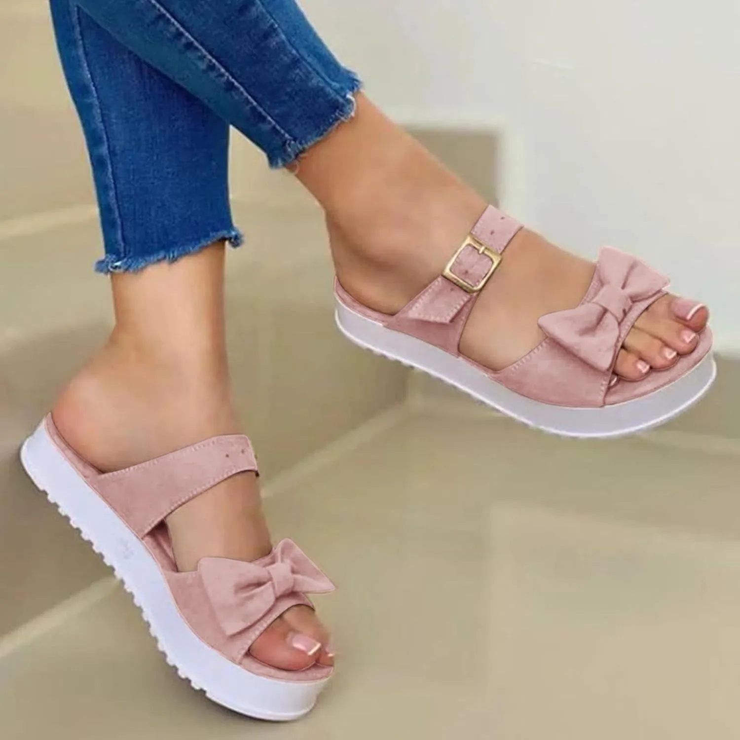 Casual Walking Wedges Thick Soled Open Toe Sandals Beach Shoes One Line Solid Color Versatile Bowknot Women's Casual