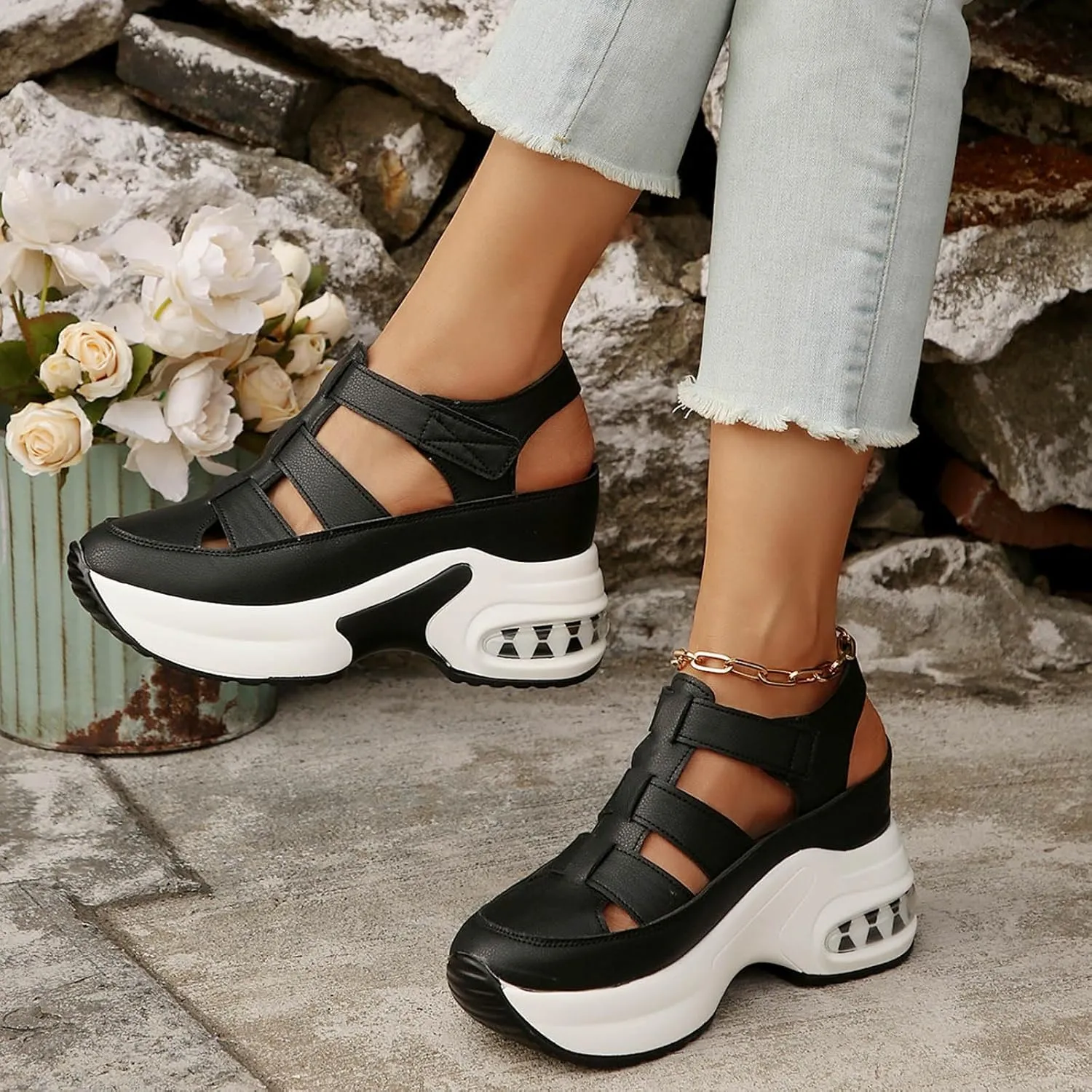 Casual Walking Wedges Women's Thick Soled Shoes Hollow Fashion Casual Thick Soled Height Enhancing Sports Fashion