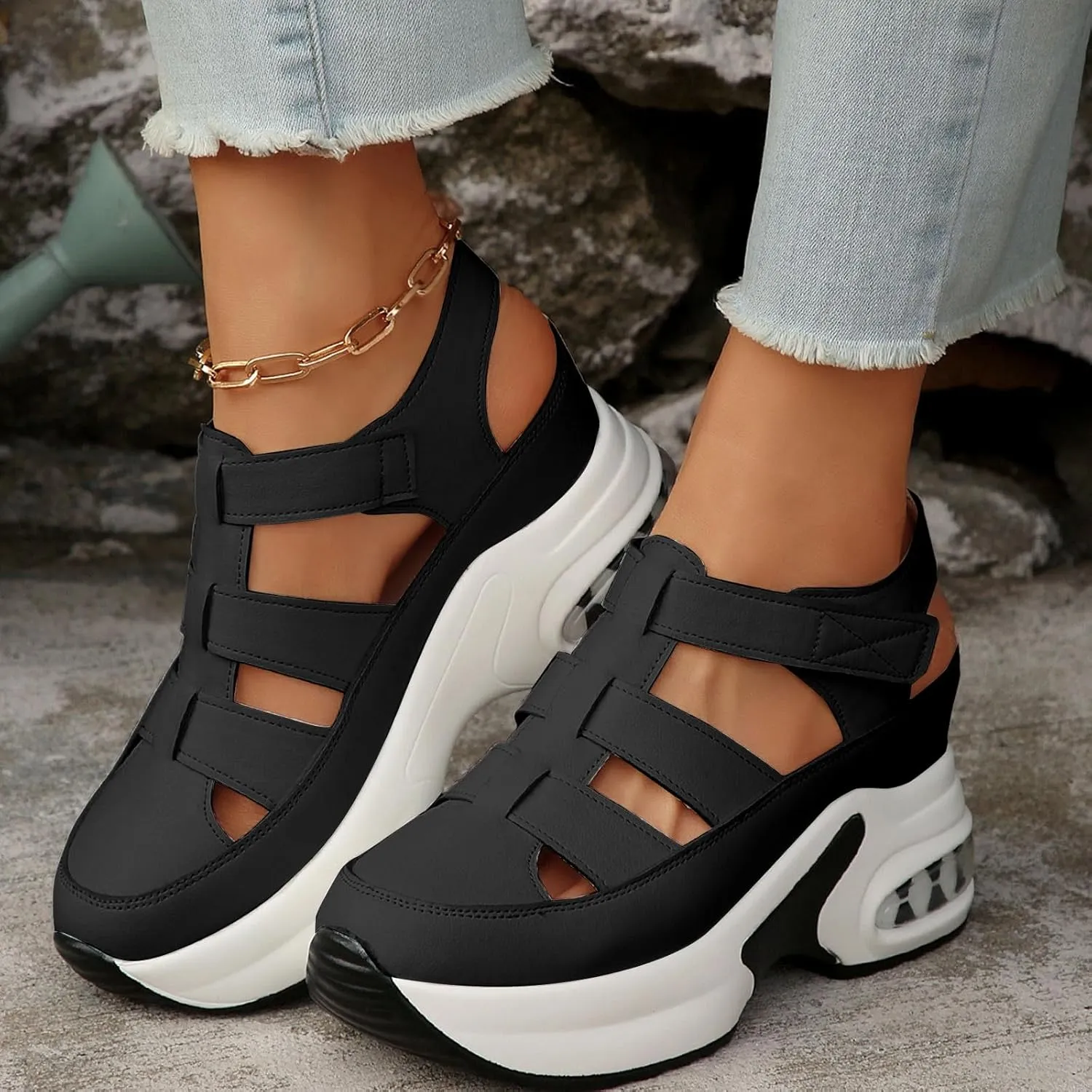Casual Walking Wedges Women's Thick Soled Shoes Hollow Fashion Casual Thick Soled Height Enhancing Sports Fashion