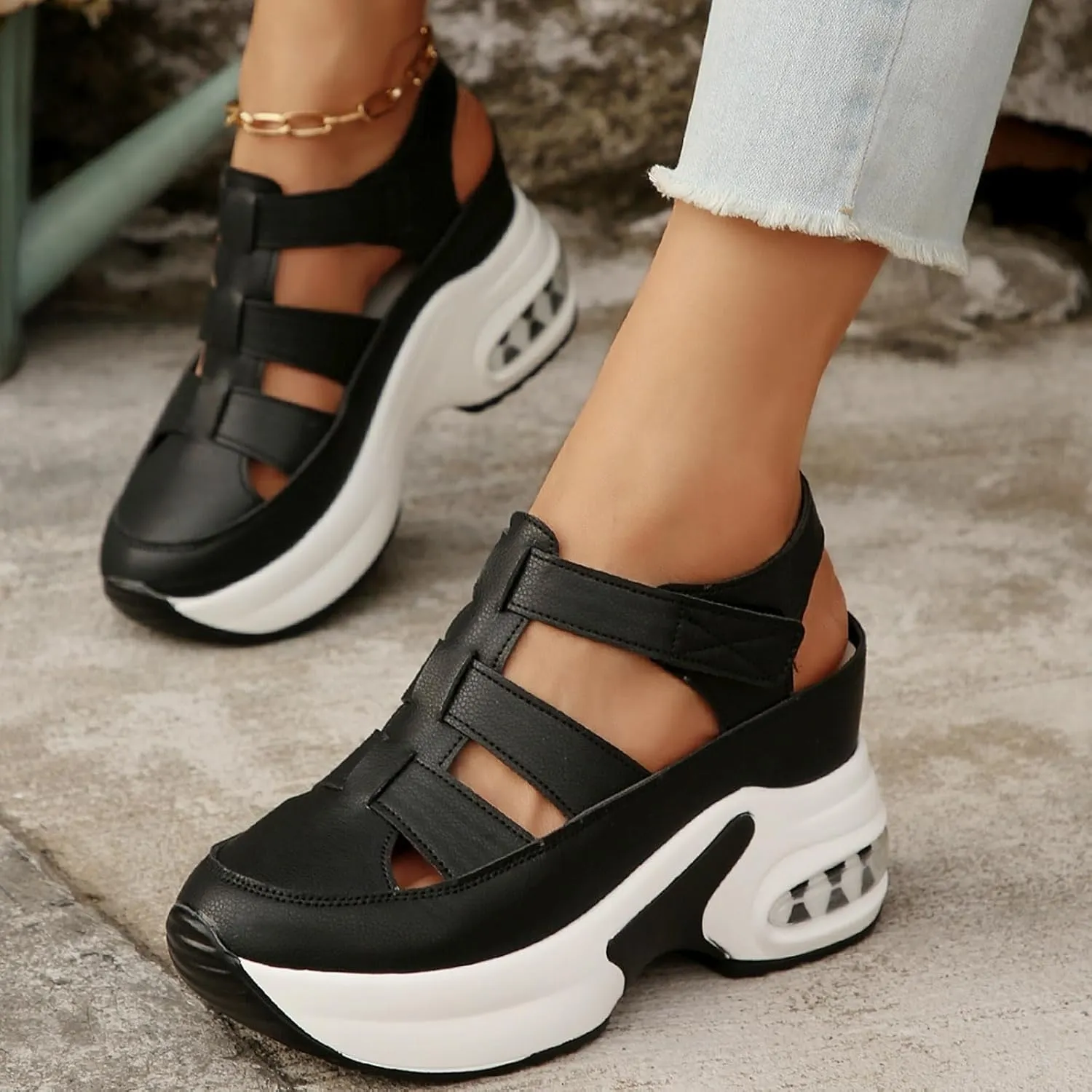 Casual Walking Wedges Women's Thick Soled Shoes Hollow Fashion Casual Thick Soled Height Enhancing Sports Fashion