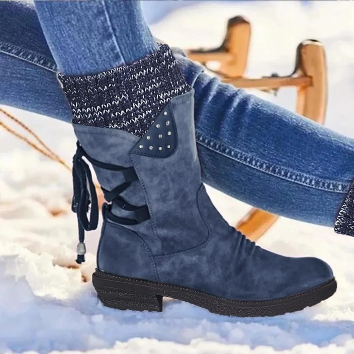Cathalem Boots for Women Knee-High Boots Comfortable Chunky Block Heel Pointed Toe Pull On Side Zipper Lace Up Riding Boots