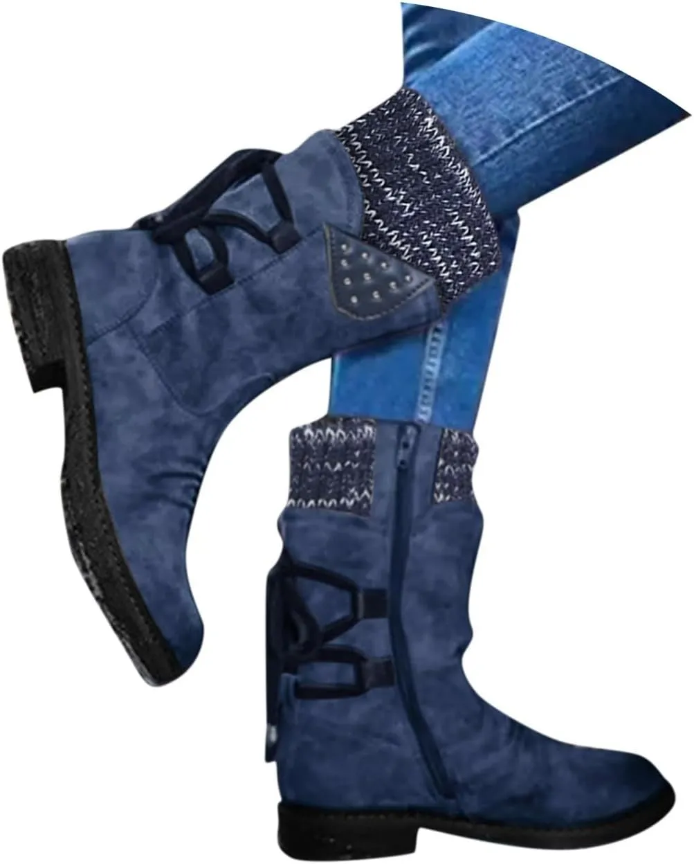 Cathalem Boots for Women Knee-High Boots Comfortable Chunky Block Heel Pointed Toe Pull On Side Zipper Lace Up Riding Boots