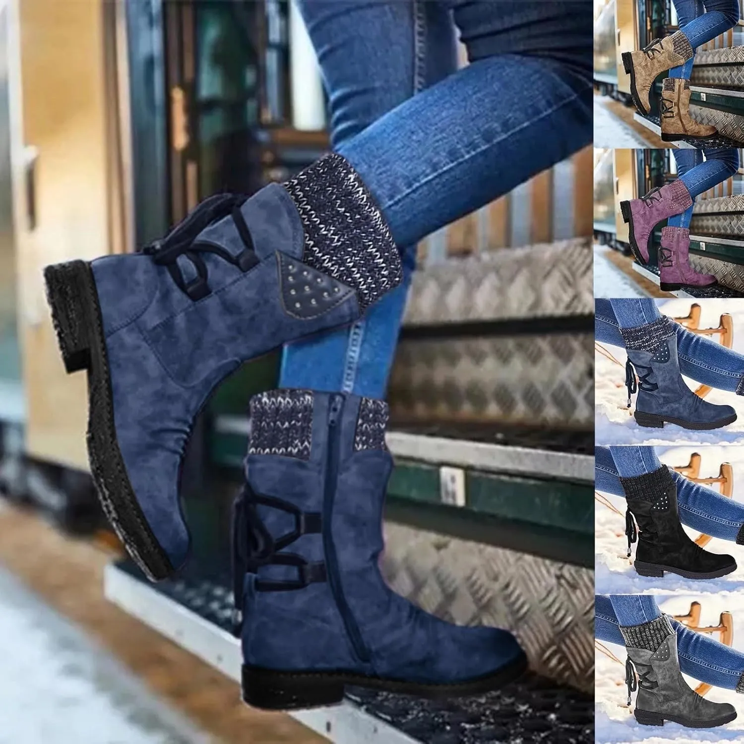 Cathalem Boots for Women Knee-High Boots Comfortable Chunky Block Heel Pointed Toe Pull On Side Zipper Lace Up Riding Boots