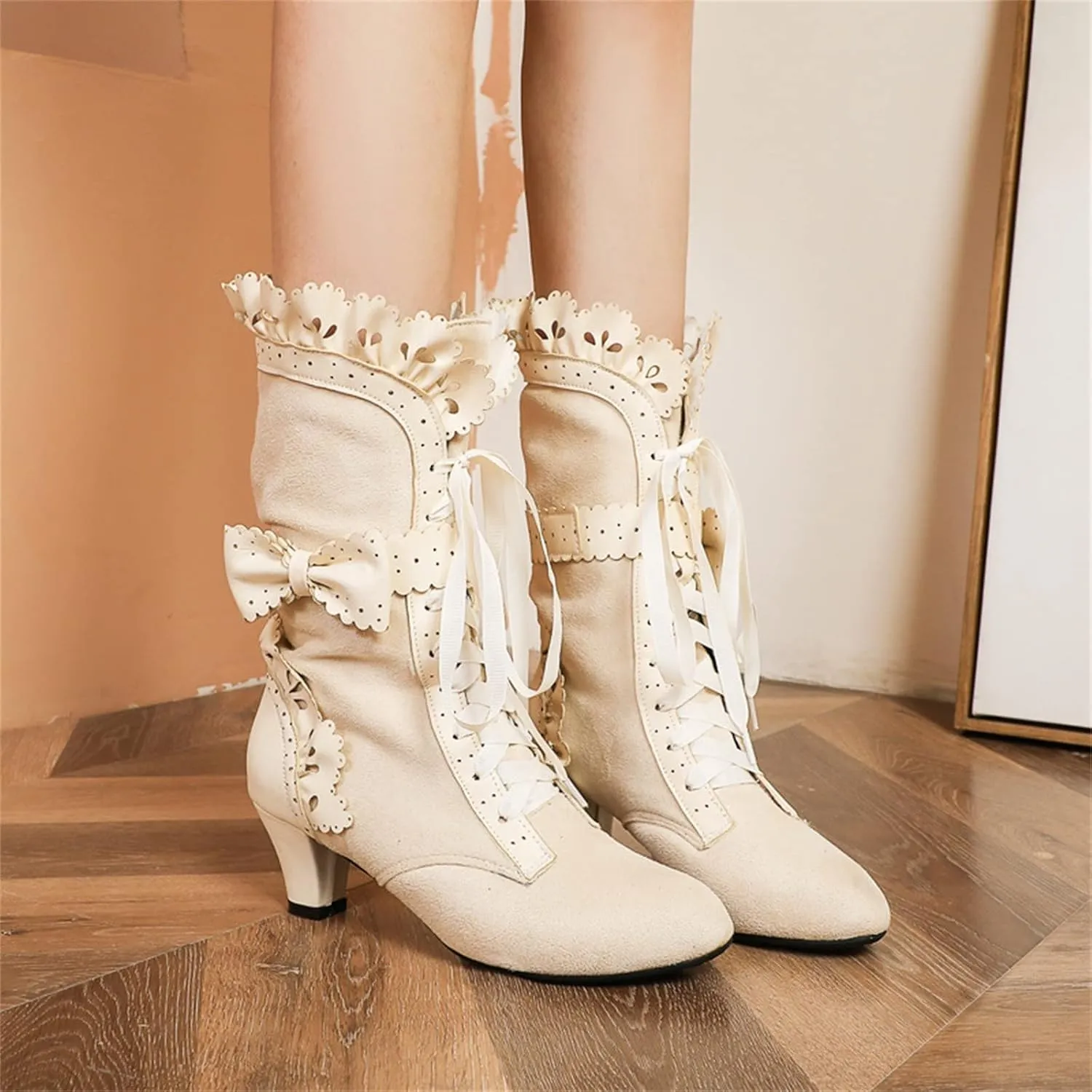 Cathalem Goth Boots for Women Halloween Mid Calf Boots Gothic Chunky Heel Lace Up Mesh Vintage Round Toe Knight Boots