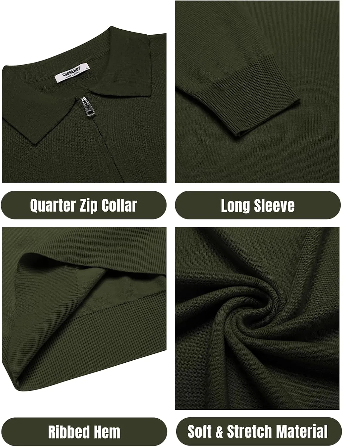 COOFANDY Mens Knit Polo Shirts Casual Long Sleeve Quarter Zip Polo Sweater Classic Golf Shirts