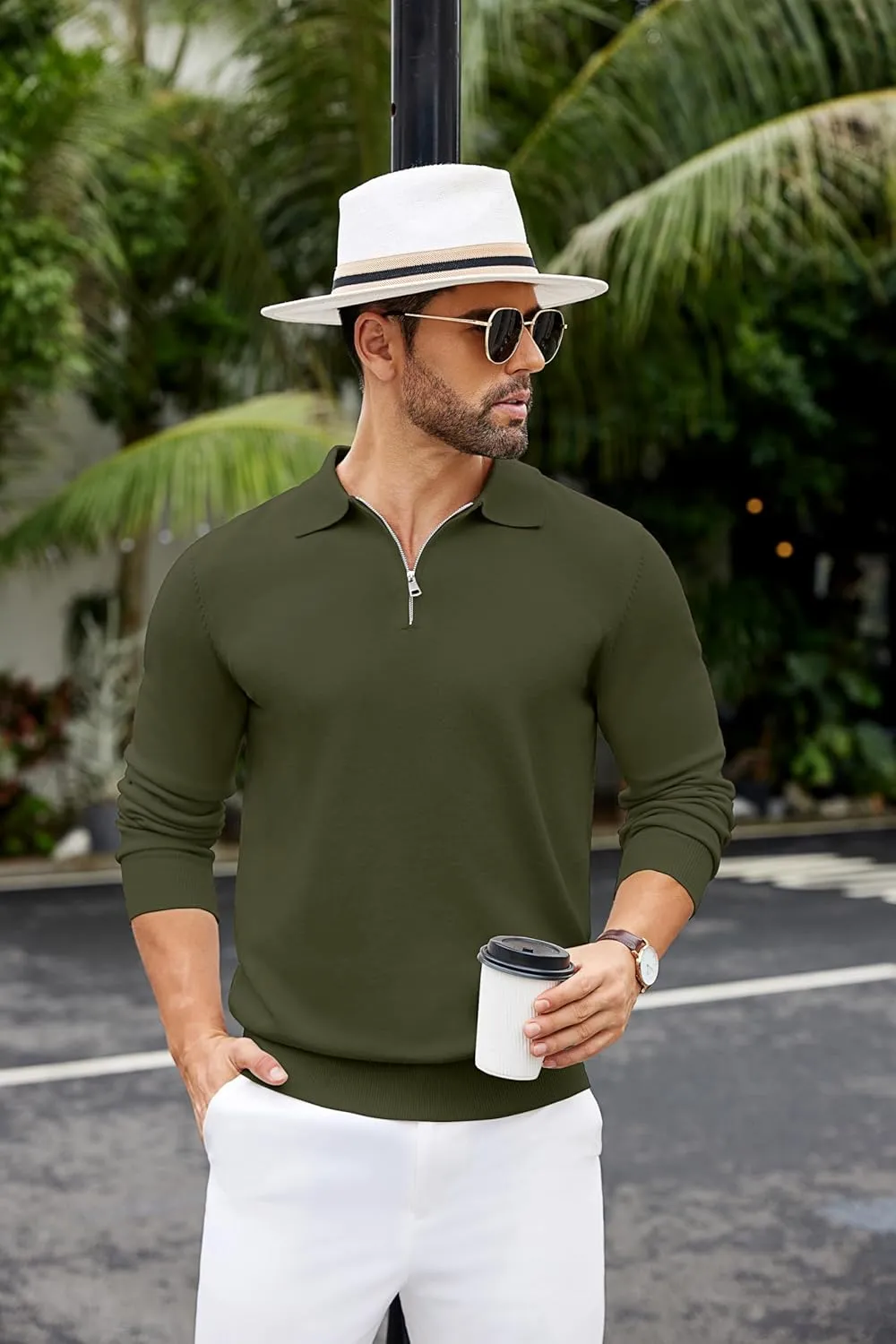 COOFANDY Mens Knit Polo Shirts Casual Long Sleeve Quarter Zip Polo Sweater Classic Golf Shirts