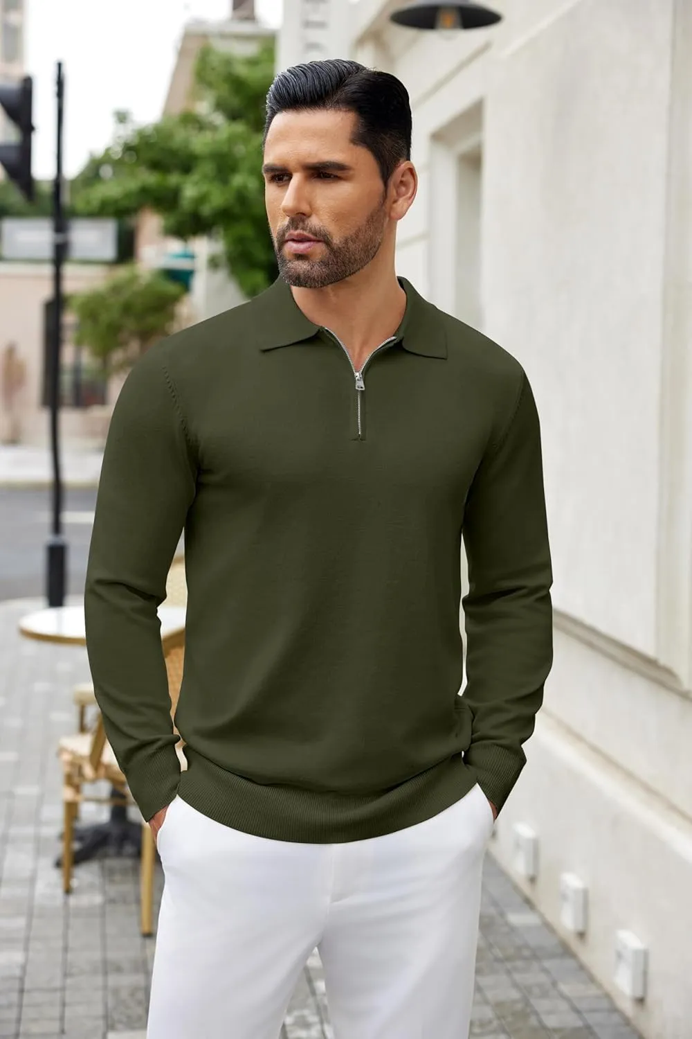 COOFANDY Mens Knit Polo Shirts Casual Long Sleeve Quarter Zip Polo Sweater Classic Golf Shirts