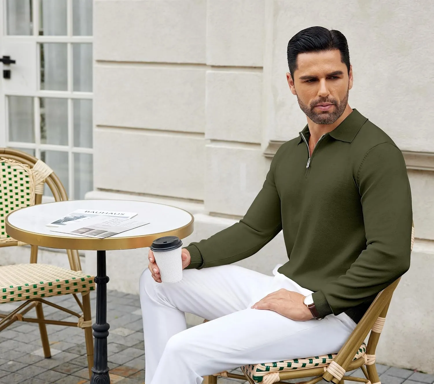 COOFANDY Mens Knit Polo Shirts Casual Long Sleeve Quarter Zip Polo Sweater Classic Golf Shirts