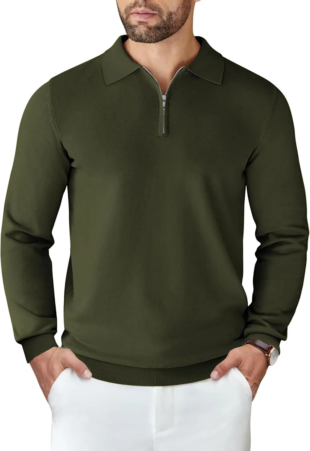 COOFANDY Mens Knit Polo Shirts Casual Long Sleeve Quarter Zip Polo Sweater Classic Golf Shirts