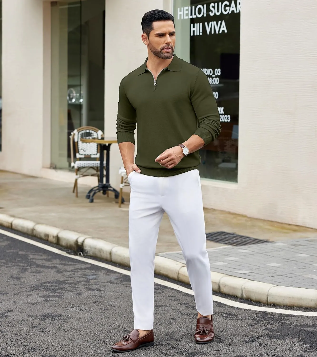 COOFANDY Mens Knit Polo Shirts Casual Long Sleeve Quarter Zip Polo Sweater Classic Golf Shirts