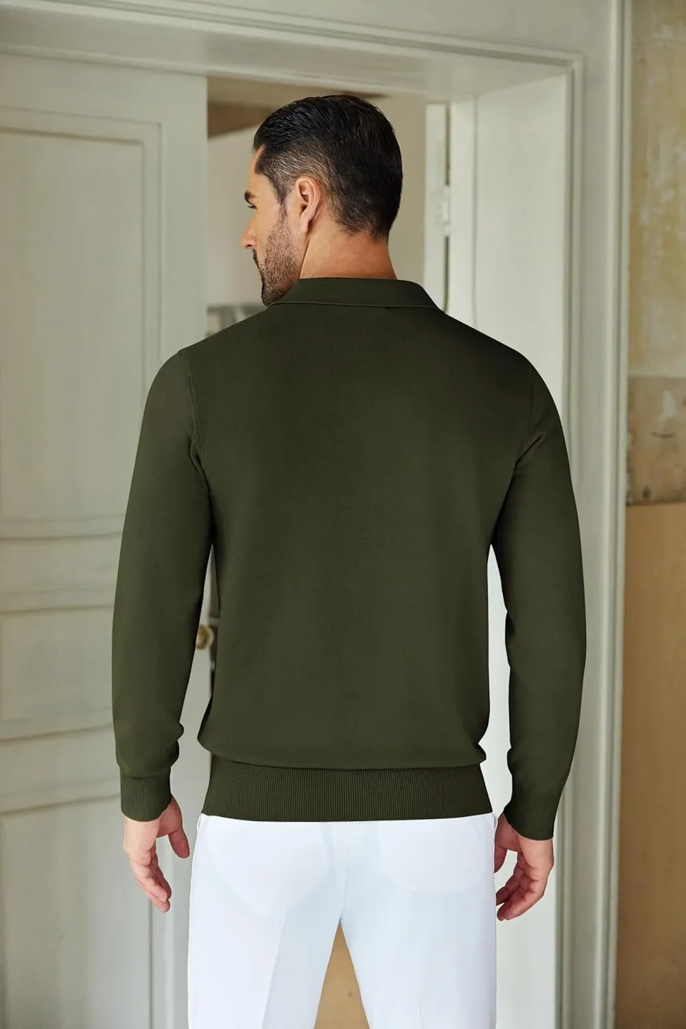 COOFANDY Mens Knit Polo Shirts Casual Long Sleeve Quarter Zip Polo Sweater Classic Golf Shirts