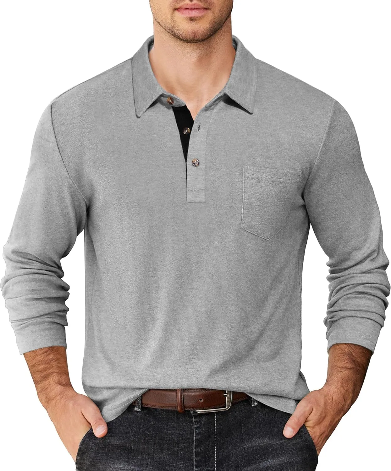 COOFANDY Men's Long Sleeve Polo Shirt Casual Dress Button Polo T Shirt with Pocket Basic Lightweight Collared Golf Shirt