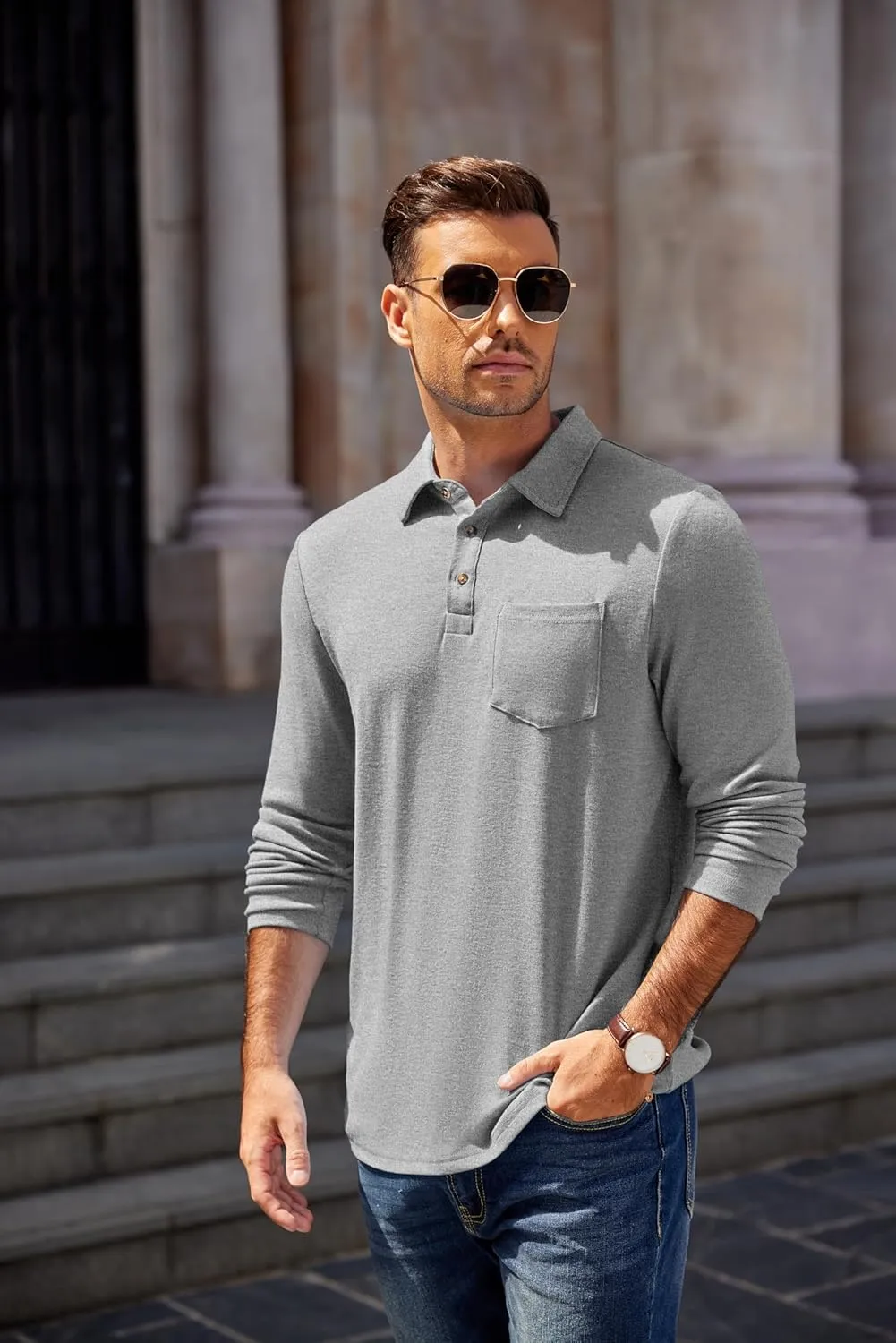 COOFANDY Men's Long Sleeve Polo Shirt Casual Dress Button Polo T Shirt with Pocket Basic Lightweight Collared Golf Shirt