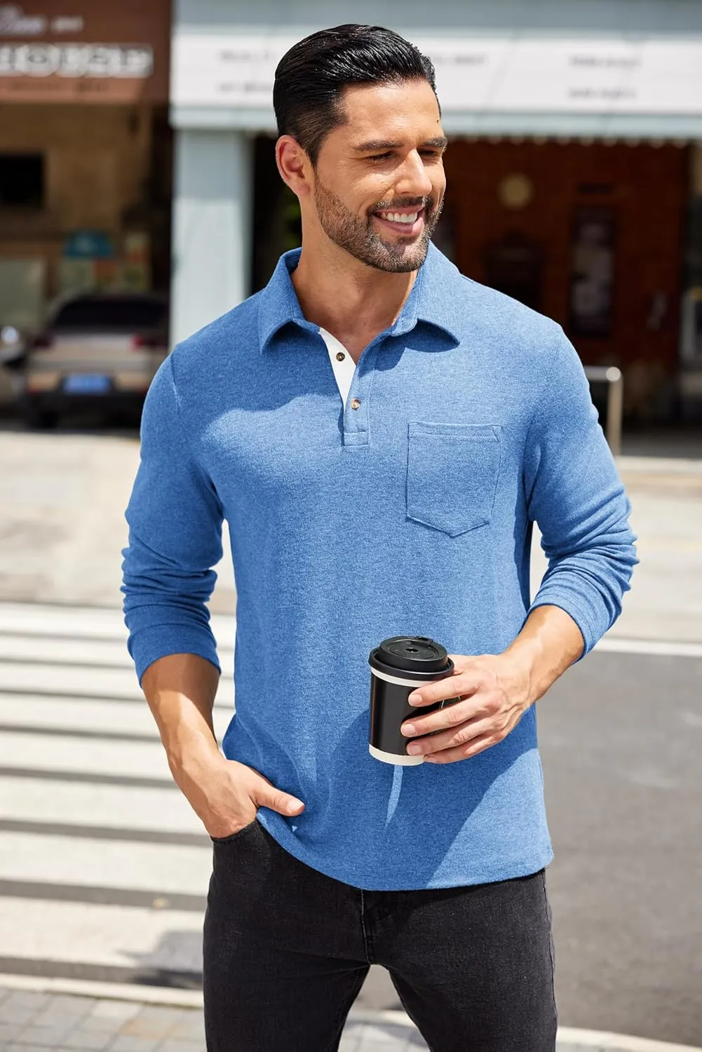 COOFANDY Men's Long Sleeve Polo Shirt Casual Dress Button Polo T Shirt with Pocket Basic Lightweight Collared Golf Shirt