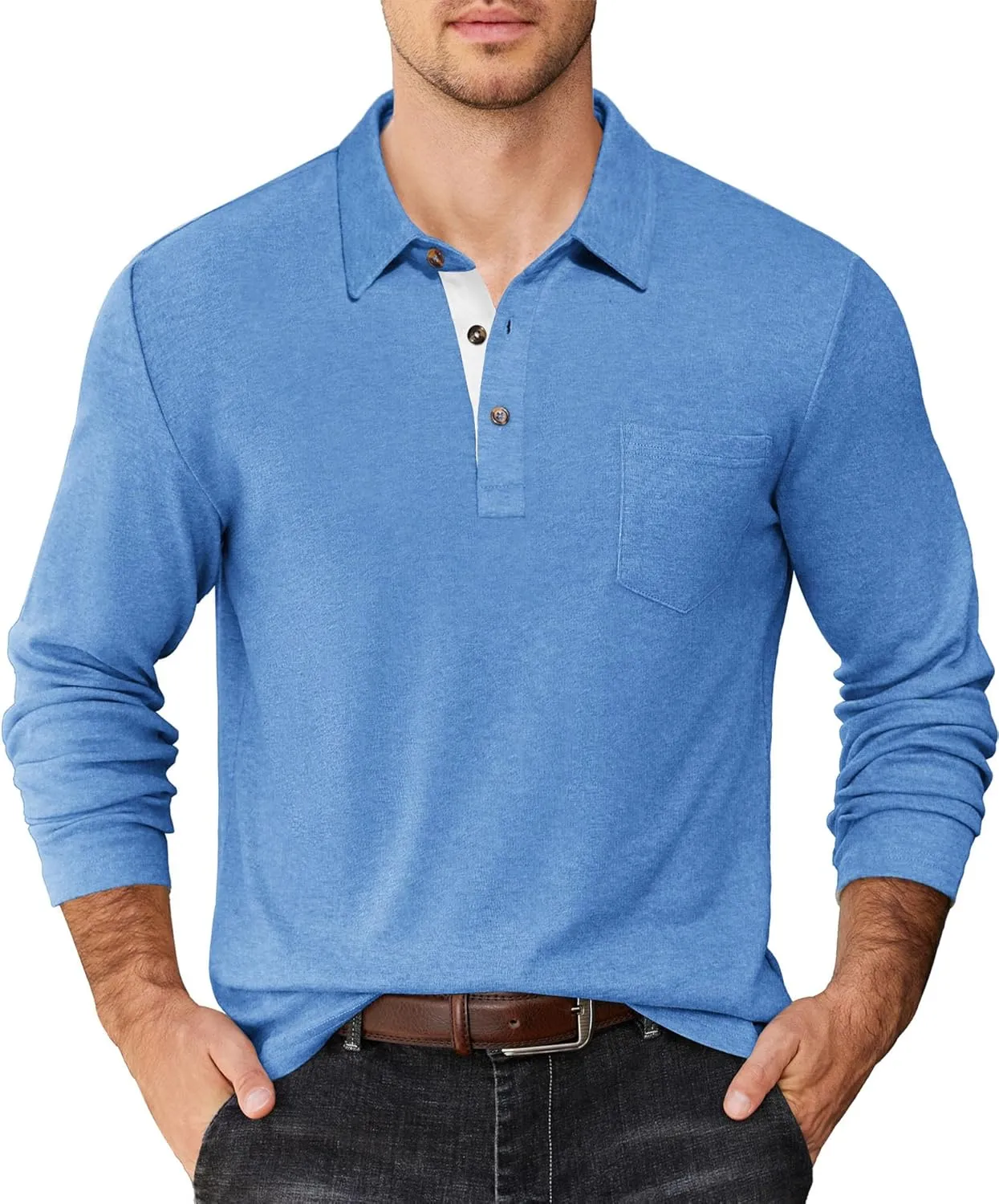 COOFANDY Men's Long Sleeve Polo Shirt Casual Dress Button Polo T Shirt with Pocket Basic Lightweight Collared Golf Shirt