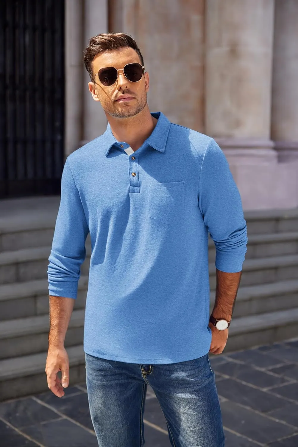 COOFANDY Men's Long Sleeve Polo Shirt Casual Dress Button Polo T Shirt with Pocket Basic Lightweight Collared Golf Shirt