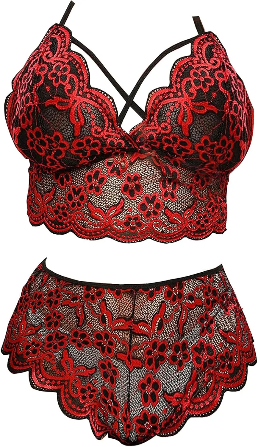 cooki Plus Size Lingerie for Curvy Women 2 Piece Cut Out Floral Lace Bra Wireless Bralette and Panty Set Women Lingerie Sets