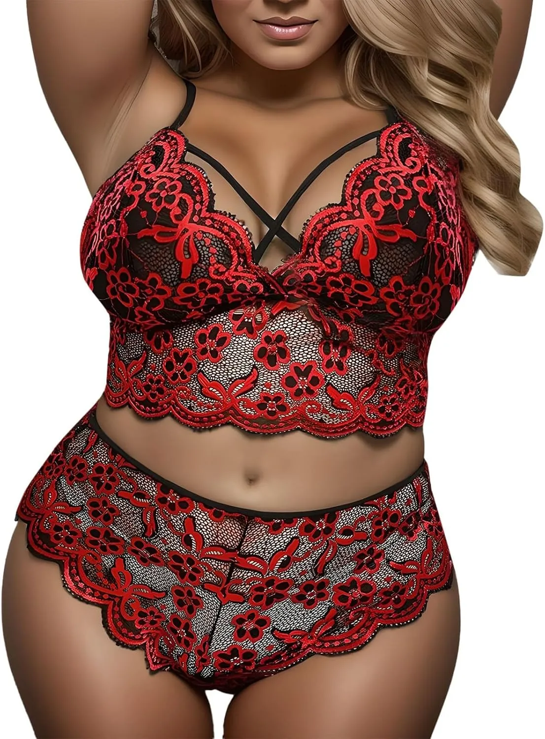cooki Plus Size Lingerie for Curvy Women 2 Piece Cut Out Floral Lace Bra Wireless Bralette and Panty Set Women Lingerie Sets