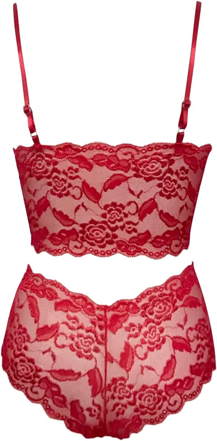 cooki Valentines Day Lingerie Sets for Women Sexy 2 Piece Lace Bralette and Panty Underwear Set Sheer Pajamas Set Nightwear