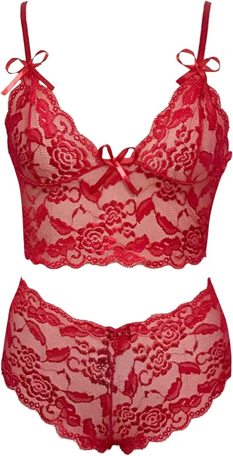 cooki Valentines Day Lingerie Sets for Women Sexy 2 Piece Lace Bralette and Panty Underwear Set Sheer Pajamas Set Nightwear