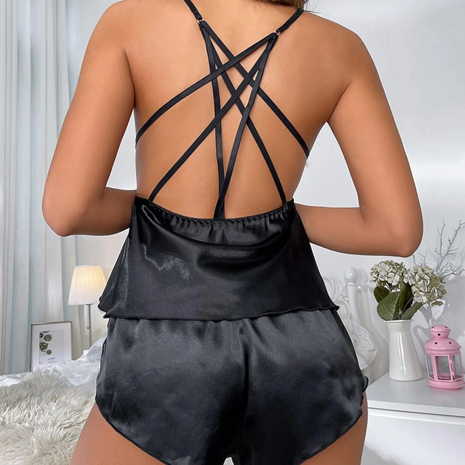 cooki Women Pajama Set Cutout Lace Bralette Shorts Set Valentine's Day Lingerie for Women Sexy Nightwear 2 Piece Pjs Set